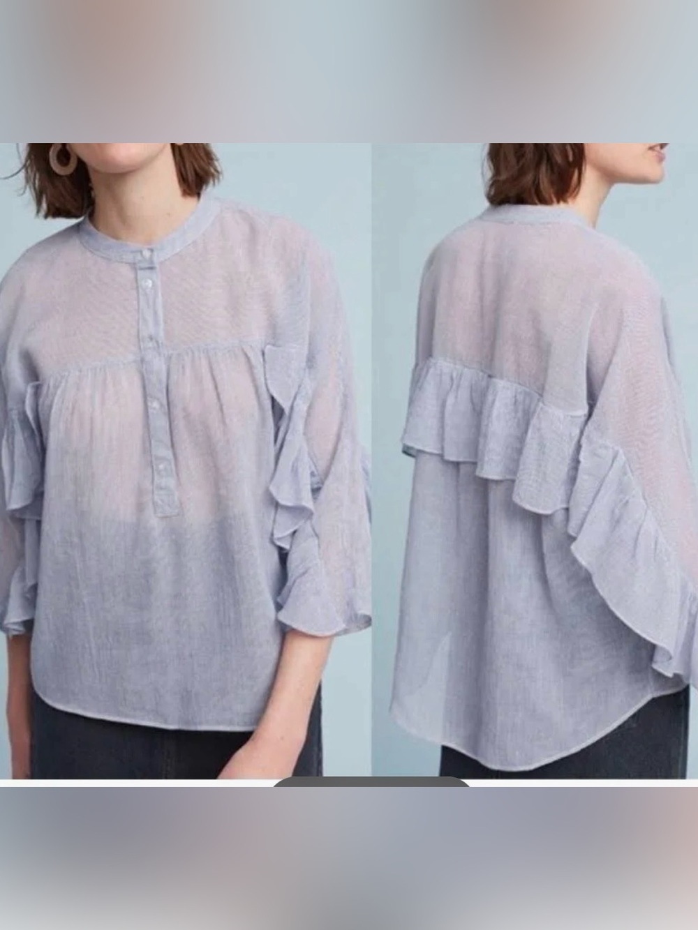 Anthropologie Maeve Mischa Pin Striped Ruffle Sleeve Sheer Boho Costal Popover M